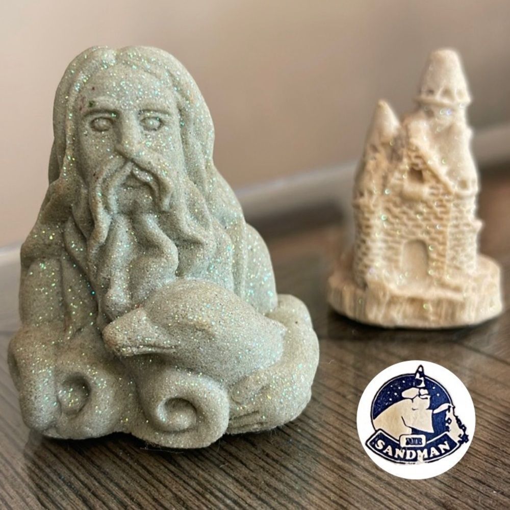 Two Vintage Real Sand Sculptures - King Neptune & Dolphin and Sandcastle